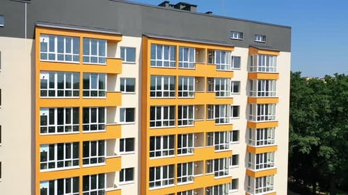 Street of residential area. Drone view of contemporary apartment buildings