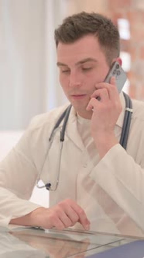 Male Doctor Talking on Phone in Clinic, Vertical Video