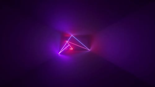 3d abstract neon background, tangled zigzag glowing line moving inside long dark tunnel