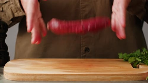 Man Chef Cooking Beef Steak Angus Closeup Professional Cheif Preparing Meat in Restaurant Kitchen