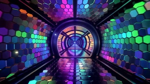 Futuristic neon hexagon tunnel motion graphic with vibrant c