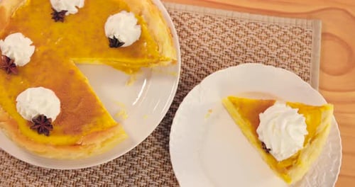 Crepe cake, pastry and slice on table with cream for party event or festive holiday from above view