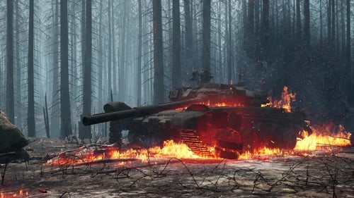 Burning Military Tank in Desolate Forest Aftermath Animation