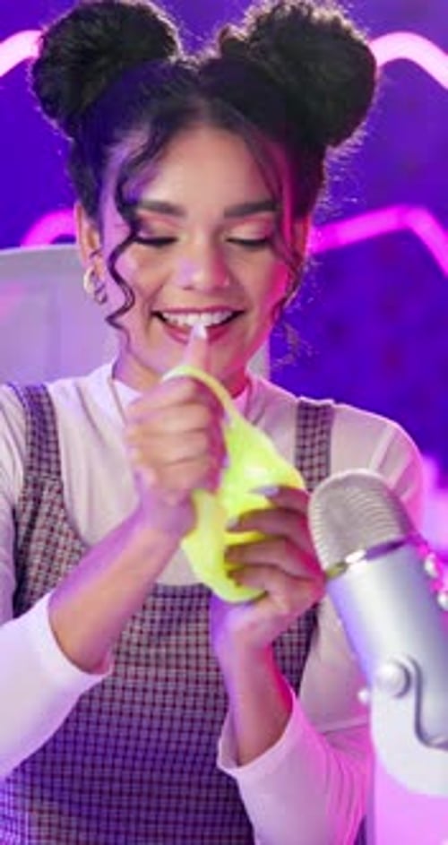 Microphone, ASMR and woman on neon color for audio or sound therapy and podcast