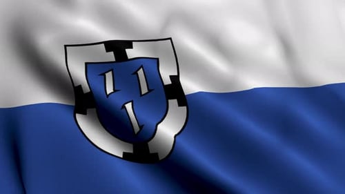 Realistic Waving Blue and White Flag with Heraldic Emblem