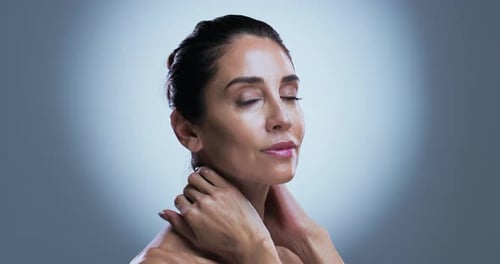 Face, shine or woman in studio, skincare or dermatology on gray background