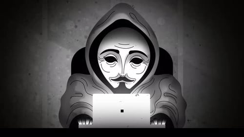anonymer maskierter Hacker, der einen Laptop benutzt