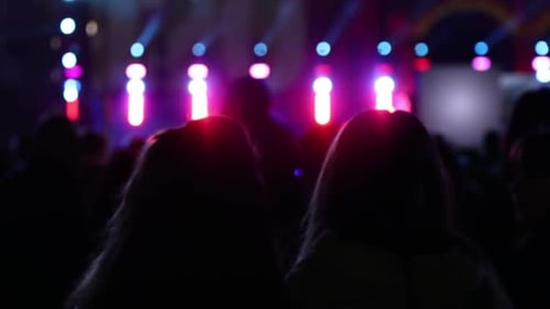 Colorful lights of concert stage flares on silhouettes of people crowd attending musical event