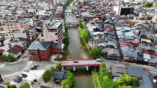 Aerial view of Takayama city and river, Japan.