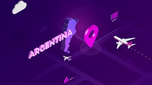 Isometric Map of Argentina with Location Pin and Airplanes