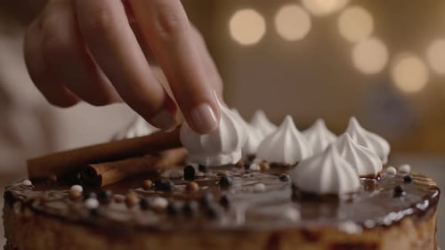 Final decorations of delicious chocolate cinnamon cake. Commercial shot for Christmas holiday.