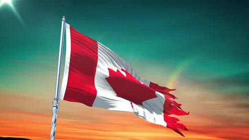 Realistisch wehende kanadische Flagge mit Himmel