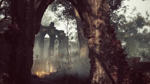 Smoke Rising From Ruined Ancient Monastery