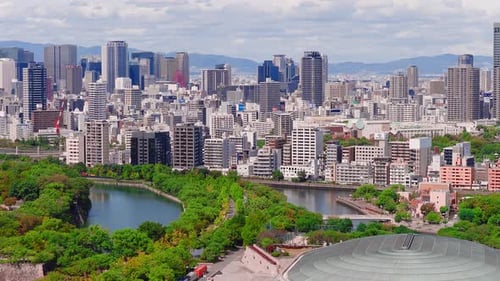 Aerial View of Osaka with Umeda Sky Building and Osaka Castle Hall