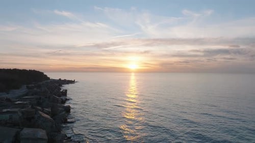 Aerial establishing view of abandoned seaside fortification buildings at Karosta Northern Forts on t