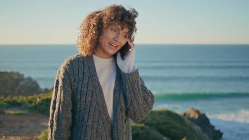Relaxed Woman Calling Smartphone Walking Beach Closeup Curly Lady Strolling