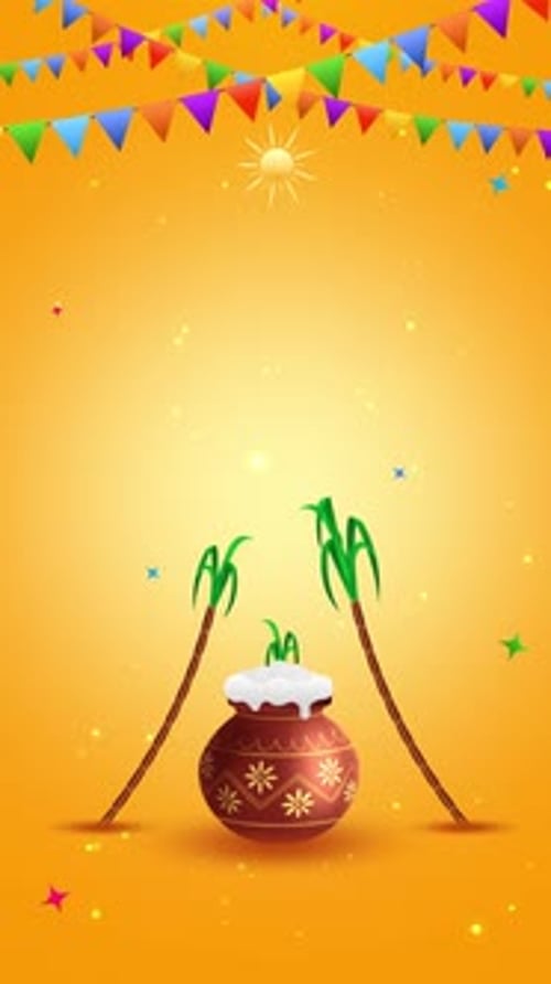 Colorful Harvest Festival Animation with Sugarcane and Pot