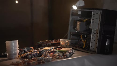 Scène d'atelier avec des composants de test Gros plan d'un technicien inspectant le circuit imprimé avec