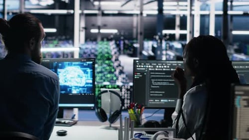 Teamworking Engineers Brainstorming in Data Center Reviewing AI Diagnostics