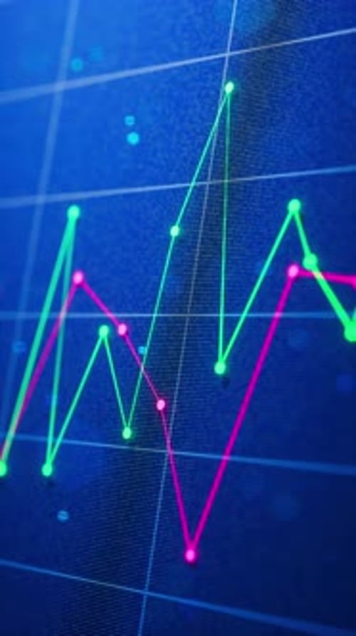 Seamless 3D loop of vibrant market graphs on a digital background.