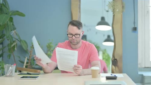 Man Reading Documents at Desk in Office