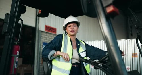 Woman, face and driver in warehouse with forklift for logistics with smile