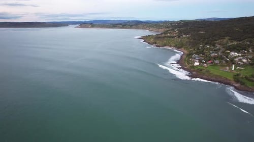 Beachfront Holiday Villas And Homes On Whale Bay In Raglan, North Island, New Zealand. Aerial Drone