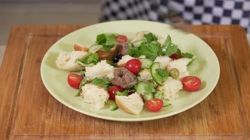 Fresh Salad with Bread and Meat Preparation