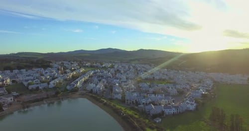 Real estate, landscape in countryside with lake and drone, community in nature for agriculture