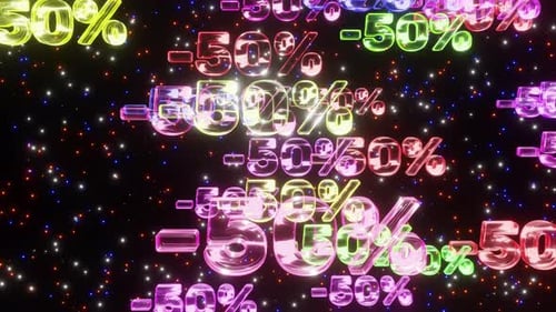 Glowing Neon 50% Discount Numbers Looping Background