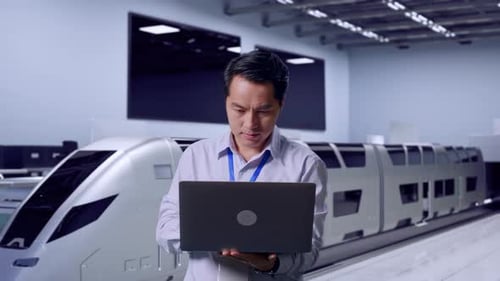 Man Holding Laptop by Futuristic Train