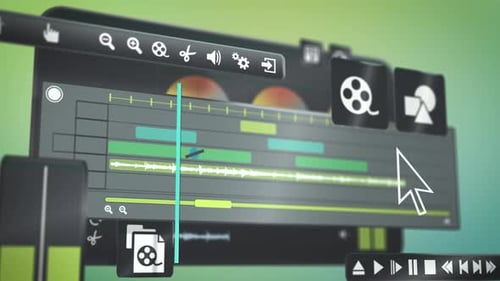 Interface de ferramenta de design de edição de vídeo Aplicativo para edição de clipes, configurações, camadas, linha do tempo, áudio