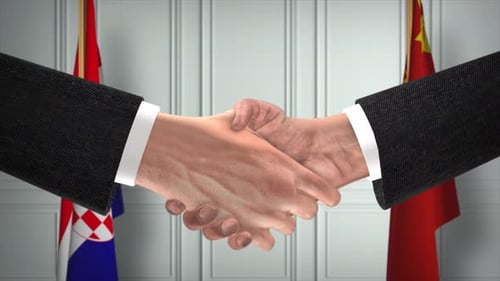 Croatia and China Officials Business Meeting. Diplomacy Deal Animation. Partners Handshake 4K