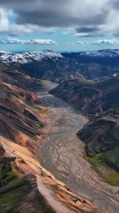 Aerial view over Iceland’s highlands showcasing scenic mountains.