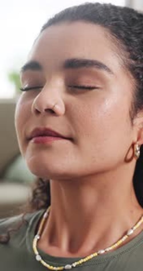 Deep breathing, yoga and woman in home, relax and inner peace with wellness, chakra and zen