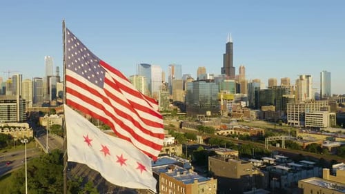 City Skyline Aerial View with American Flag