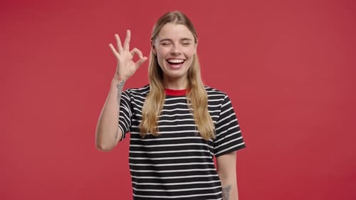 Cheerful Woman Giving Ok Sign with a Wink