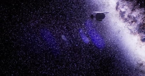 Futuristic Satellite Flying Through Space with Light Reveal