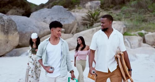 Cheers, picnic and group of friends at the beach on vacation, adventure or holiday together