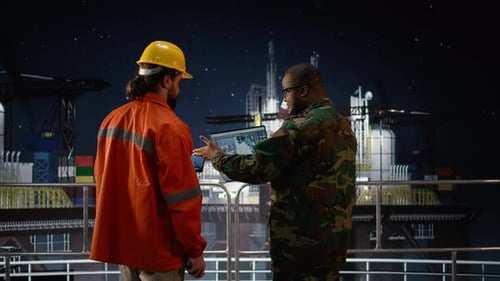 Monitoring Infrastructure Threats Oil Crisis War and Drilling Ship Military Man