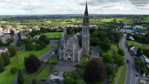 St. Cathedral, County Monaghan, Ireland, September 2022. Drone ascends pulling backward showcasing t