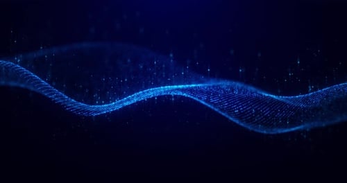 Abstract glowing digital cyber wave made of particles and dots moves on a blue background, big data