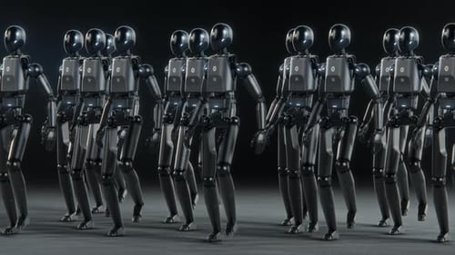 Visualisation d'une armée de robots humanoïdes avancés marchant ensemble dans un espace futuriste sombre