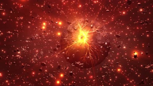 Sterbender außerirdischer Planet, der im Weltraum mit Asteroiden leuchtet