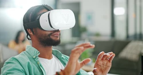 Virtual reality, vr metaverse and black man work on cyber dashboard, augmented reality