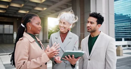 City, business people and tablet for pitch, conversation and corporate connection