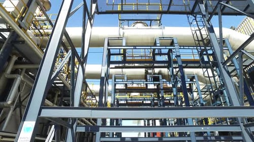 Gas production station. Metal construction with valves on the pipes. Distribution and equipment for