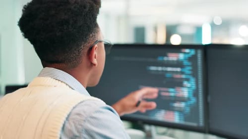 Screen, developer or man on computer for coding research, it support project