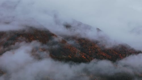 Nuvens enevoadas engolindo as montanhas da floresta de outono perto do Parque Nacional Tombstone, em Yukon, Canadá.
Aéreo