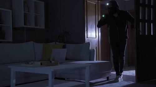 Intruder with Flashlight Enters Dark Home at Night
